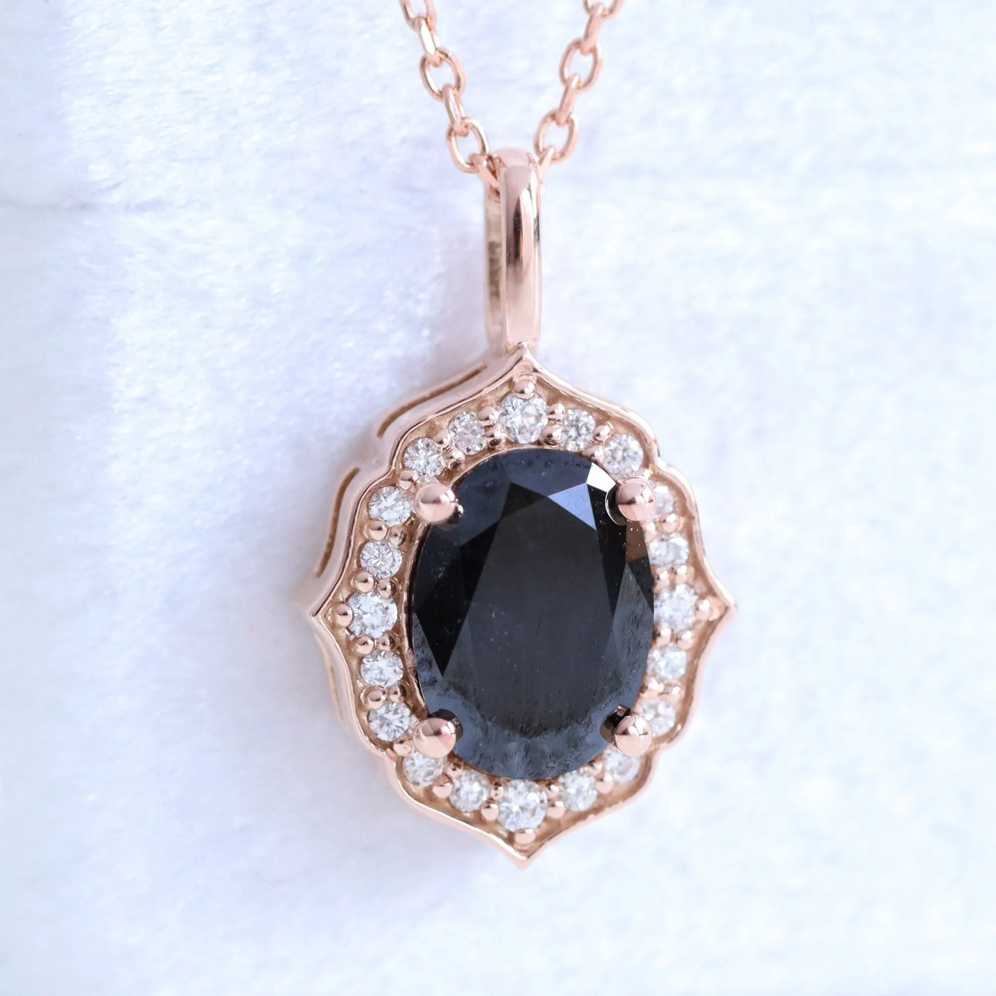 Oval Black Diamond Necklace in 14k Gold Vintage Halo Diamond Pendant