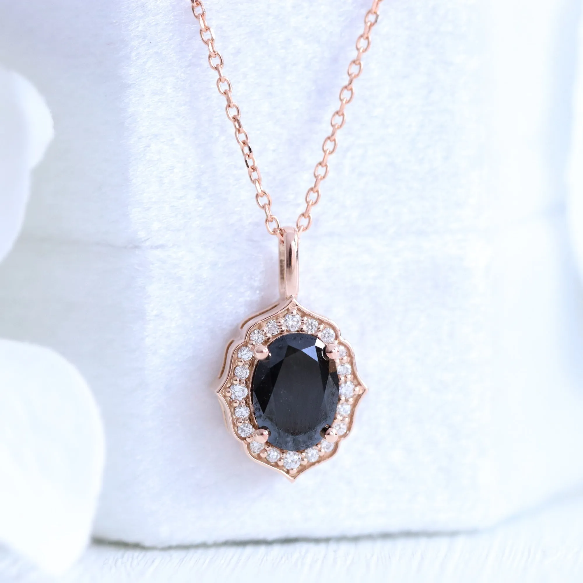 Oval Black Diamond Necklace in 14k Gold Vintage Halo Diamond Pendant