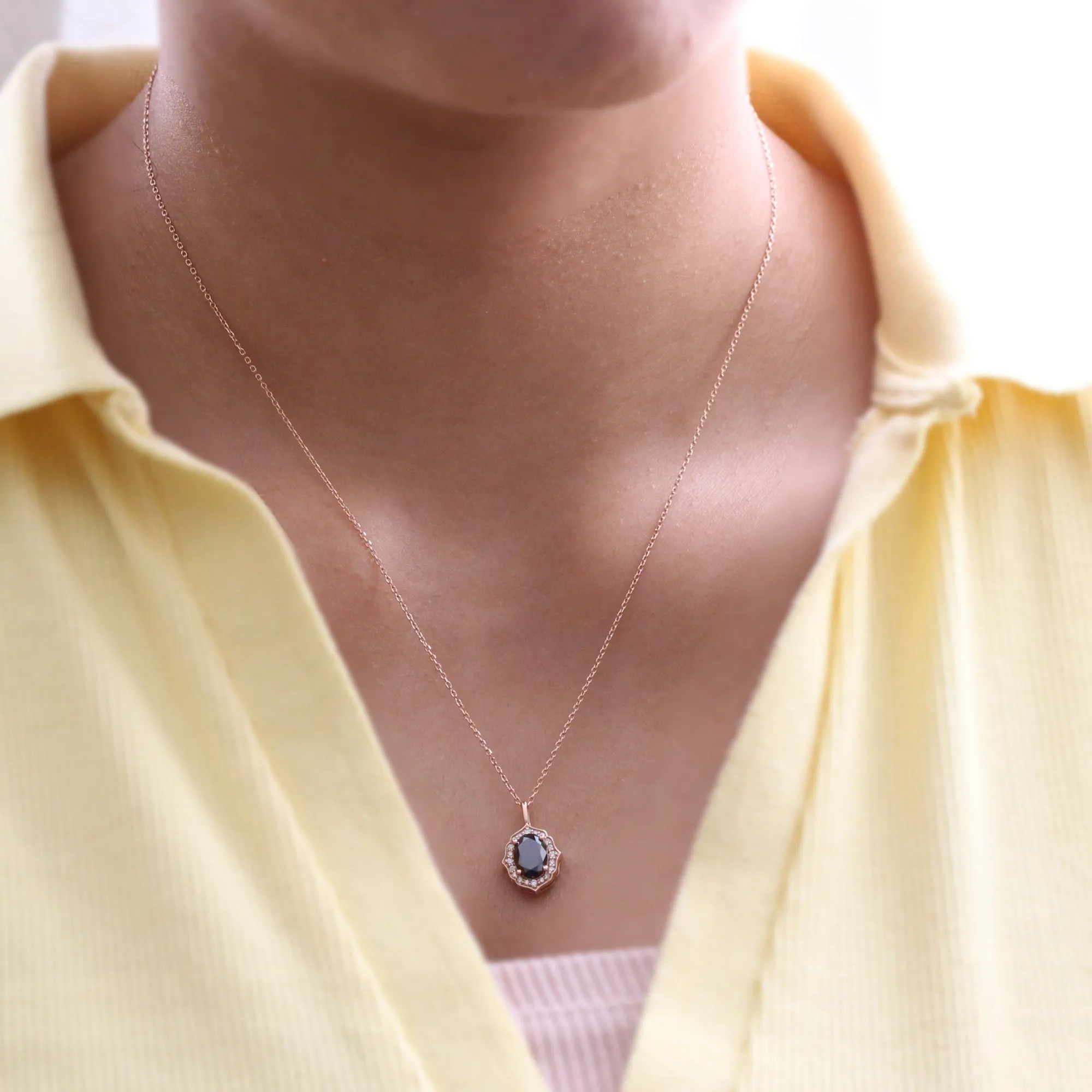 Oval Black Diamond Necklace in 14k Gold Vintage Halo Diamond Pendant
