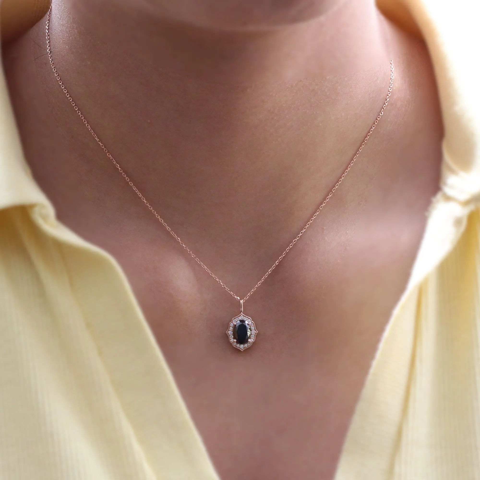 Oval Black Diamond Necklace in 14k Gold Vintage Halo Diamond Pendant
