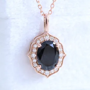Oval Black Diamond Necklace in 14k Gold Vintage Halo Diamond Pendant