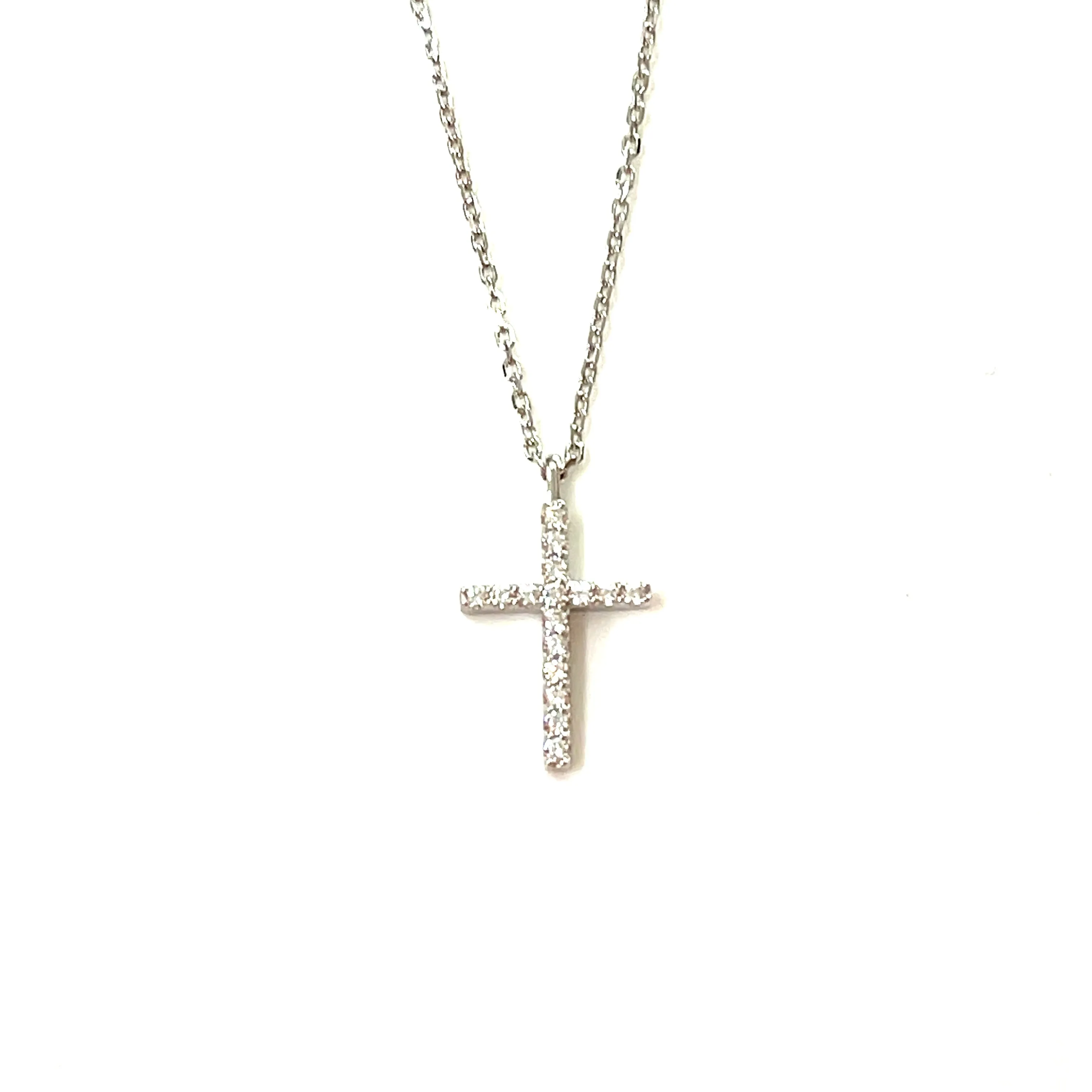 Precious Metal Plated Sterling Silver Cubic Zirconia Pave Set Cross Pendant Necklace