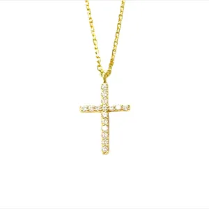 Precious Metal Plated Sterling Silver Cubic Zirconia Pave Set Cross Pendant Necklace