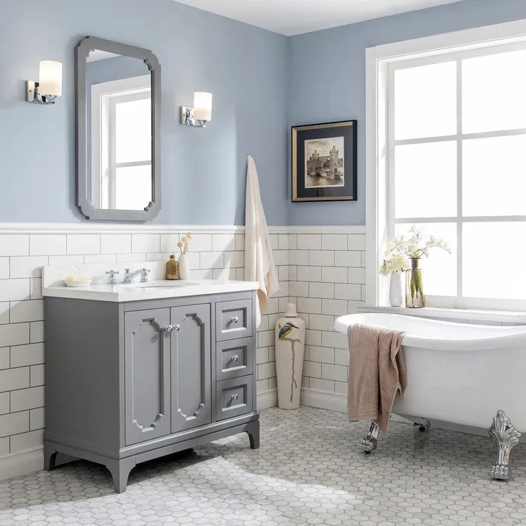 Queen 36" Single Bathroom Vanity in Cashmere Gray with Quartz Carrara Top, Mirror(s) and Faucet(s)
