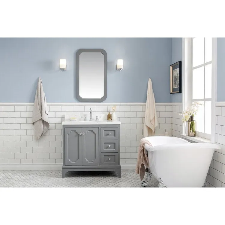 Queen 36" Single Bathroom Vanity in Cashmere Gray with Quartz Carrara Top, Mirror(s) and Faucet(s)