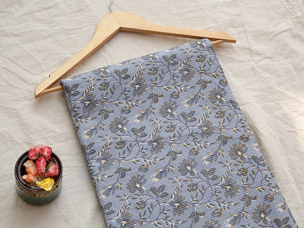 Silver Blue Floral Pure Cotton Kantha Fabric
