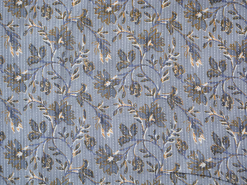Silver Blue Floral Pure Cotton Kantha Fabric