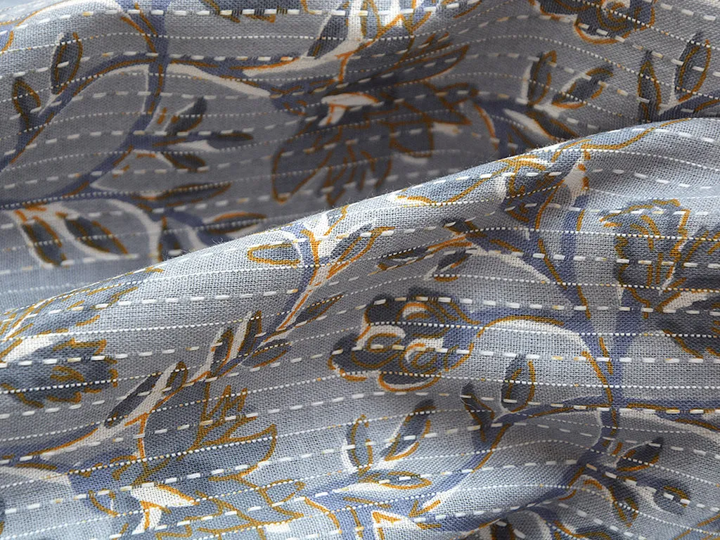 Silver Blue Floral Pure Cotton Kantha Fabric