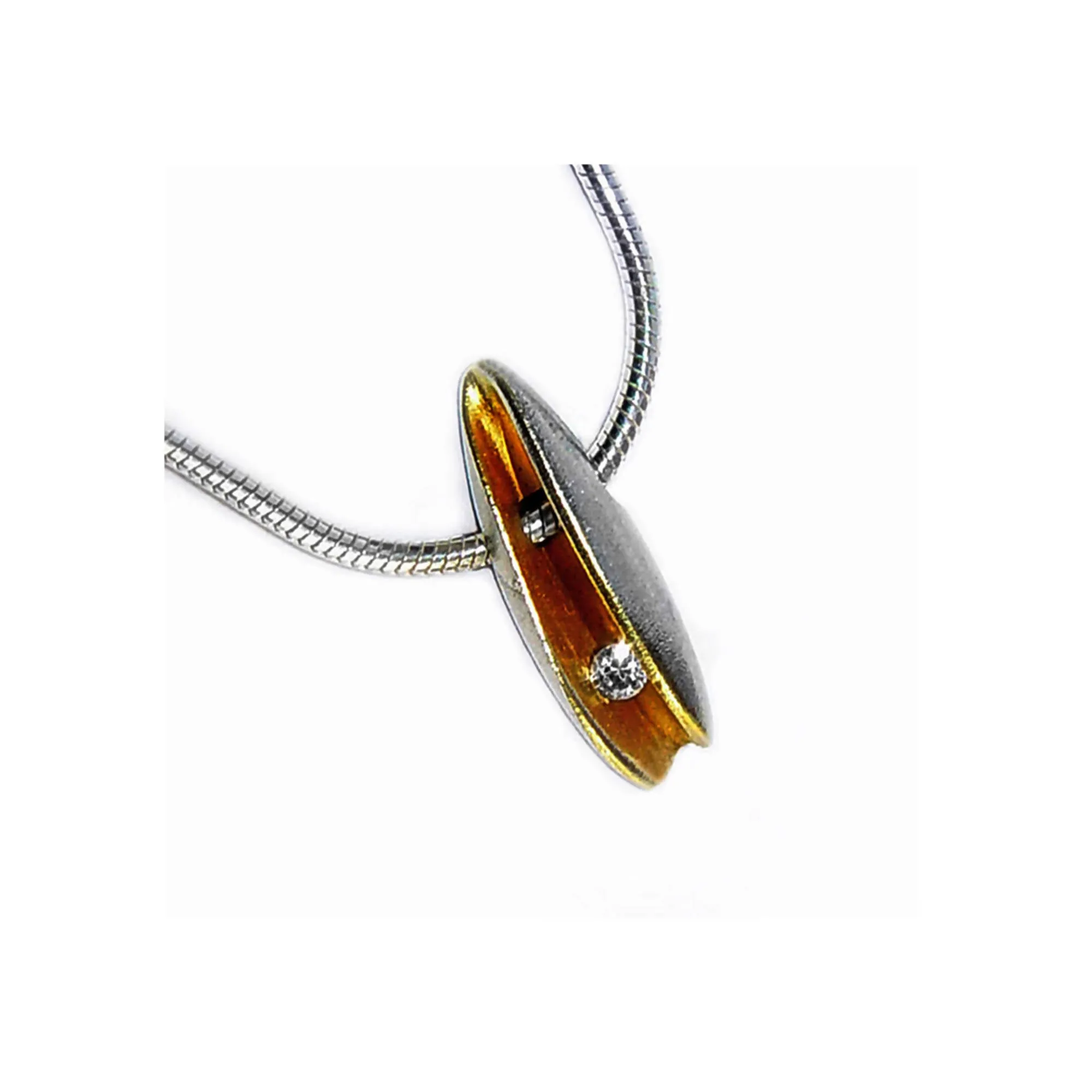 Small front diamond silver shell pendant with 22K gold plated interior