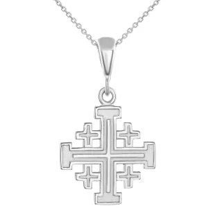 Solid 14K Gold Crusaders Jerusalem Cross Pendant Necklace - White Gold