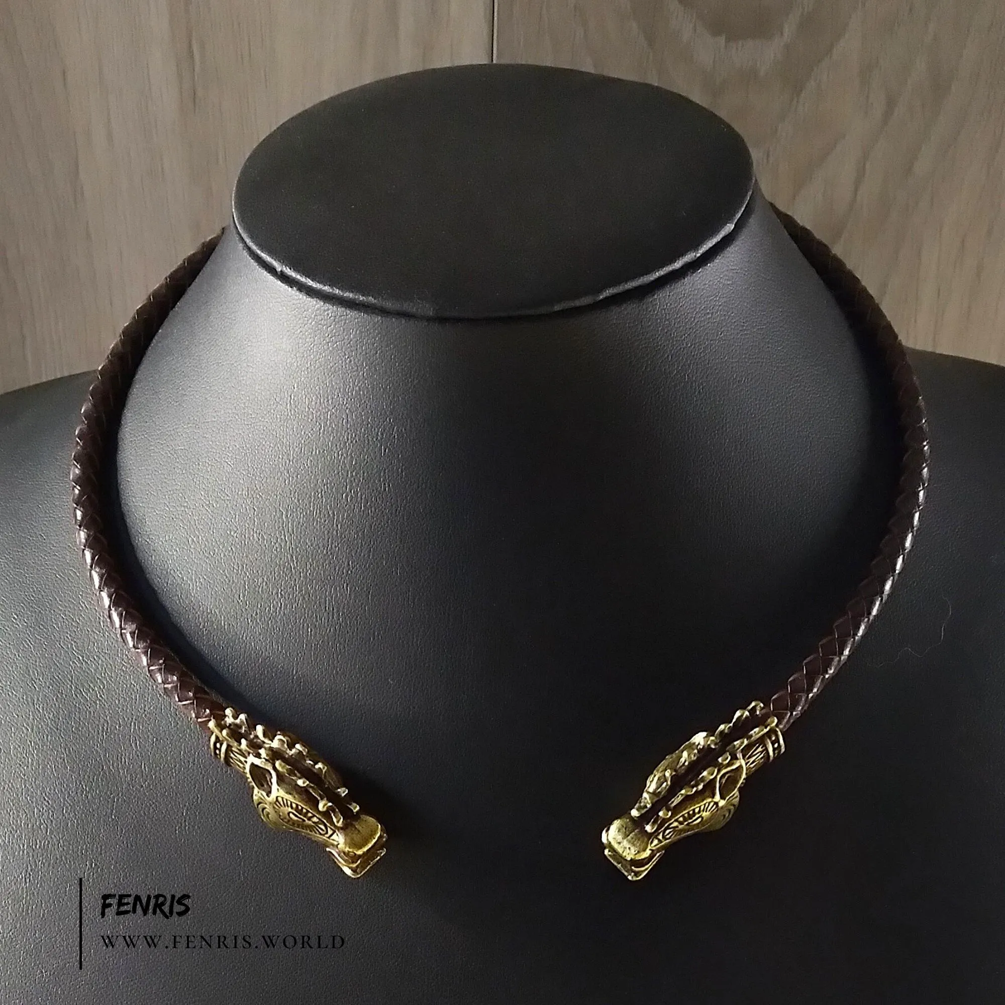 Stag Torc Necklace Bronze Brown Leather Celtic Viking