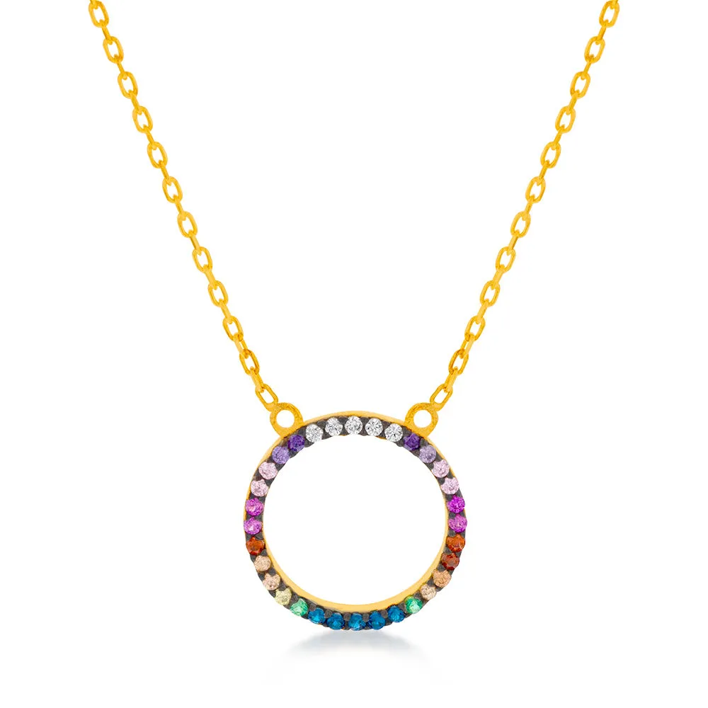 Sterling Silver Gold Plated Rainbow Multicolour Cubic Zirconia Pendant On Chain