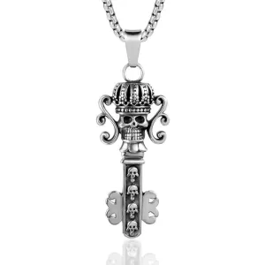 Titanium Steel Retro Castle Key Pendant Necklace for Men with Ghost Head Crown Design