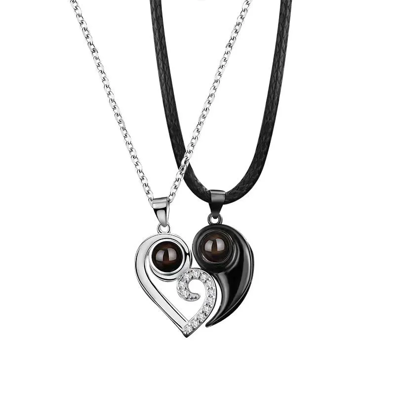 Trendy Black and White Heart Design Projection Gem Necklace - Photo Projection Unique Gift