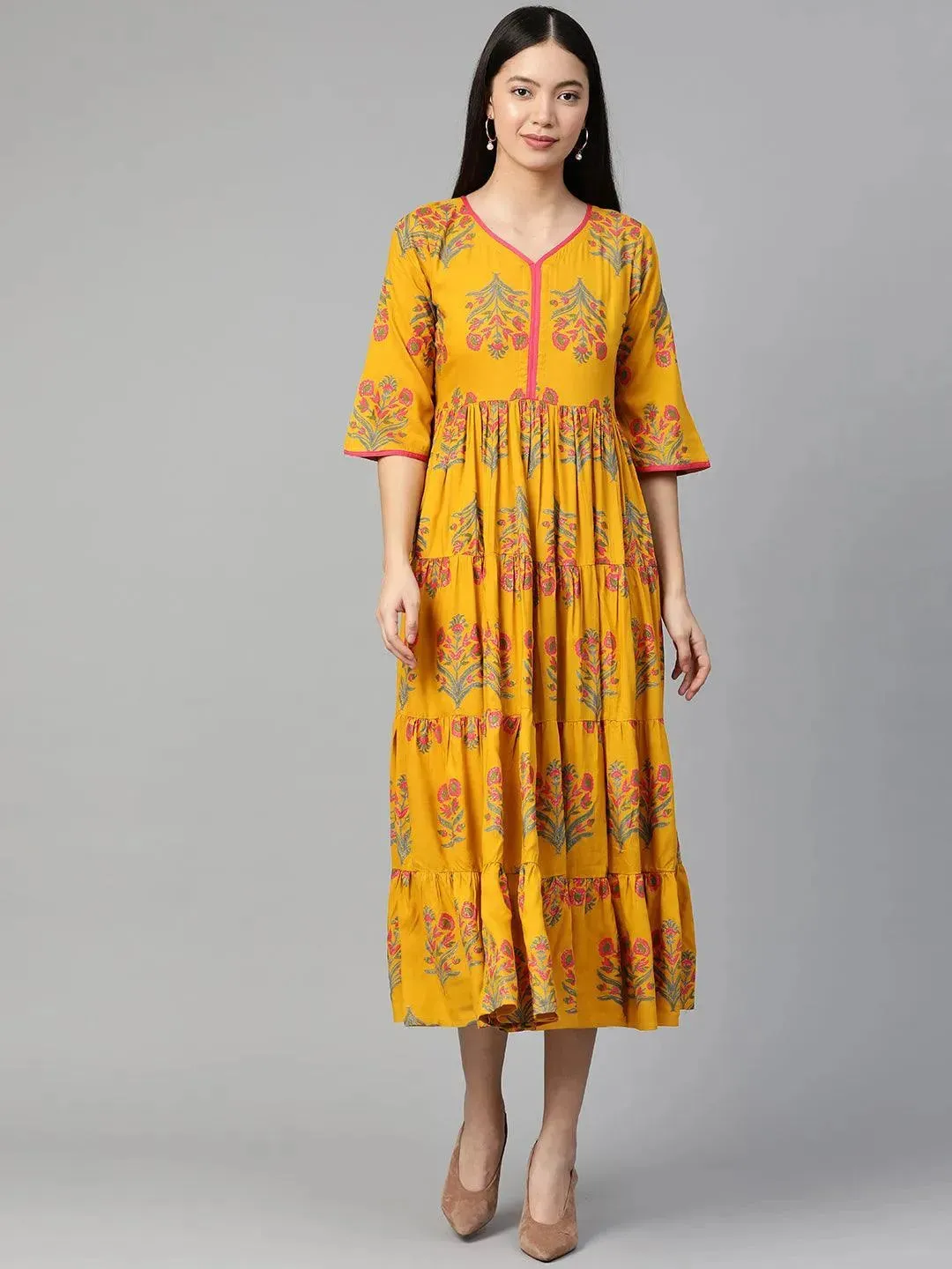 Yellow Printed Rayon Dress